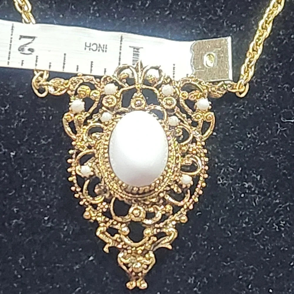 Vintage Gold Tone Filigree White Cabochon Victorian Revival Necklace